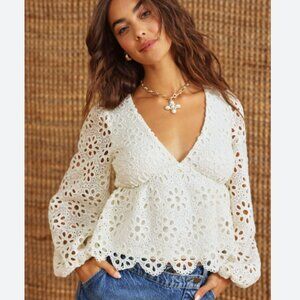 ALTAR'D STATE Boho Whimsical Fallon Lace Babydoll Long Sleeve Lace Eyelet Top